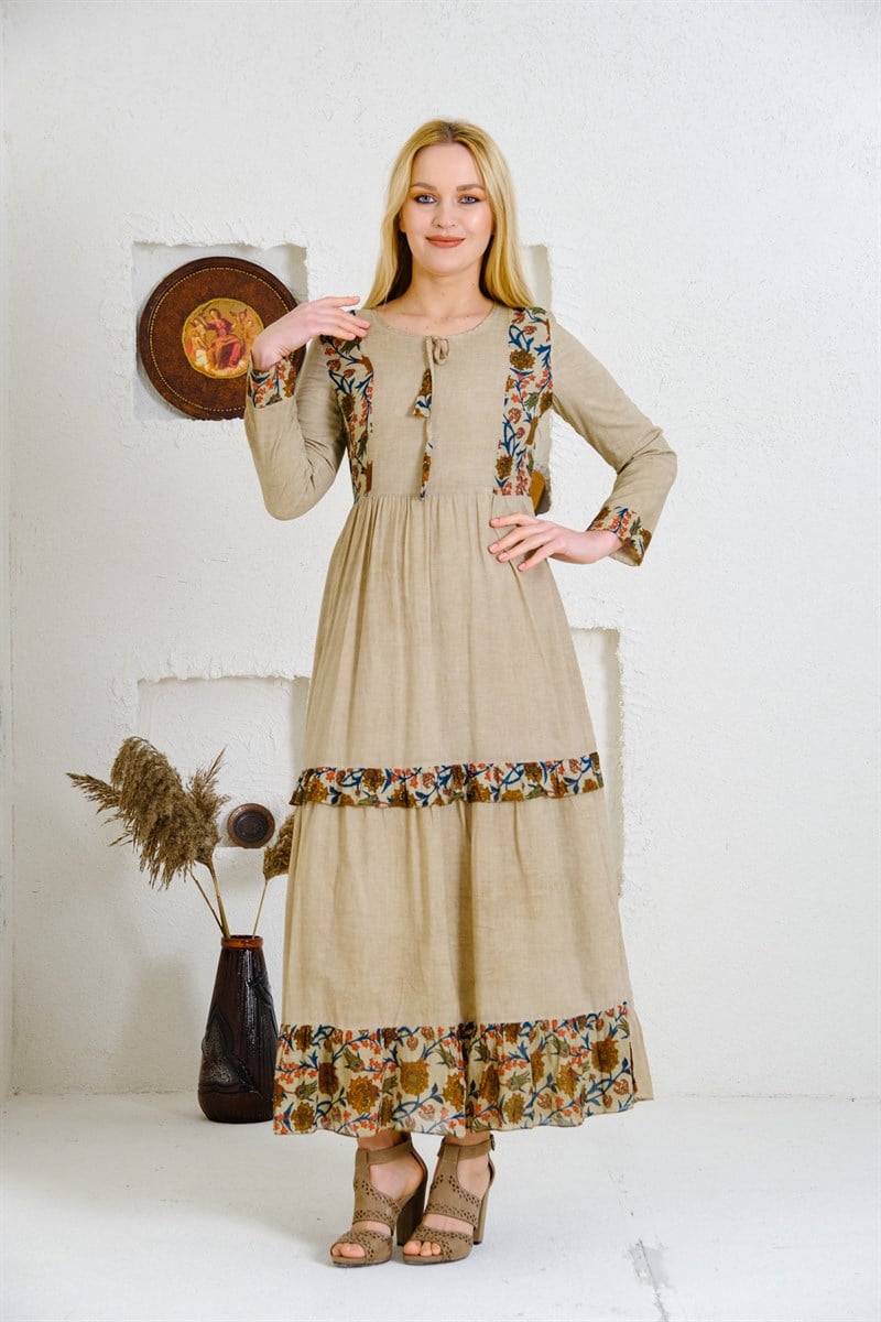 4562 Camel Otantik Elbise