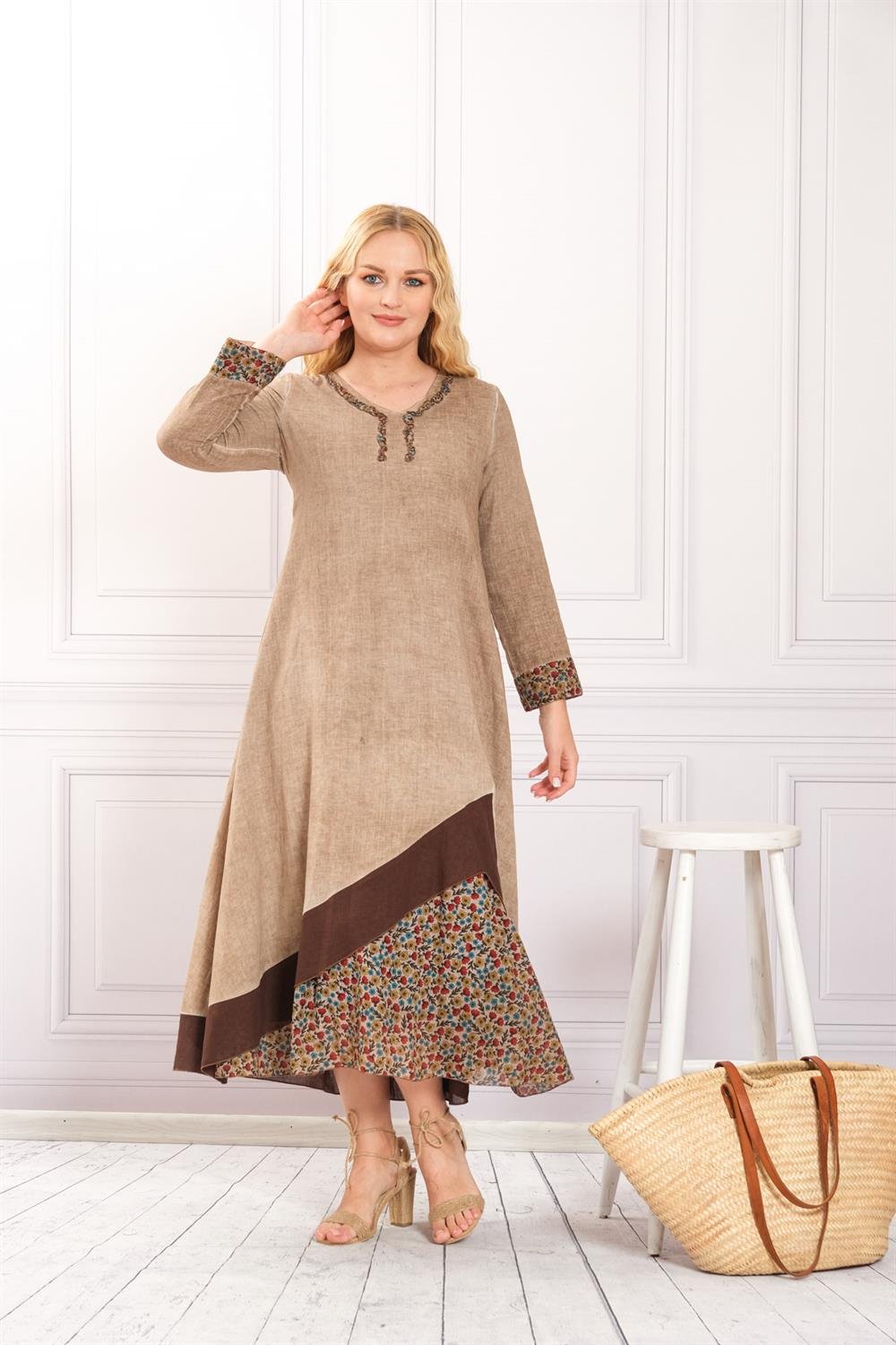 4566 Camel Yıkamalı Elbise