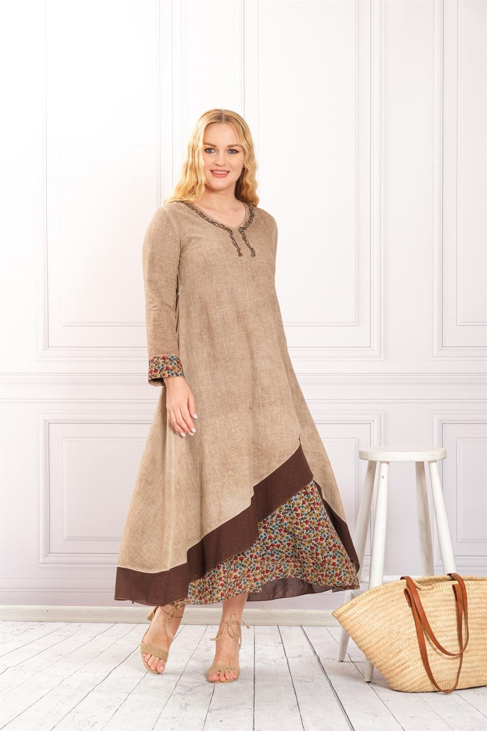 4566 Camel Yıkamalı Elbise