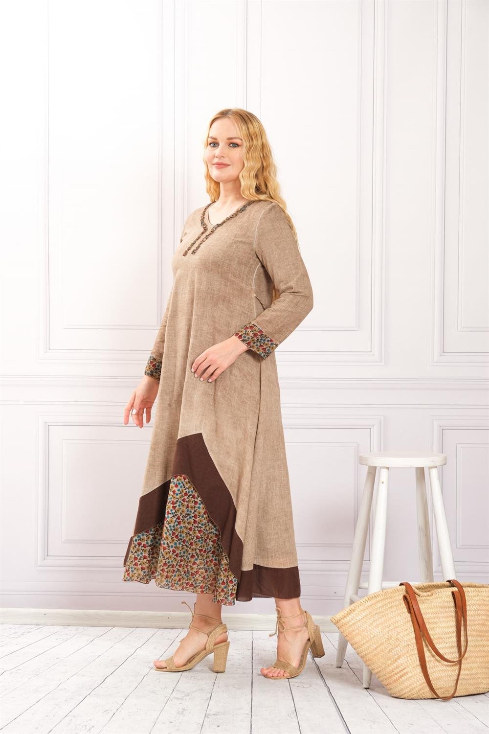4566 Camel Yıkamalı Elbise