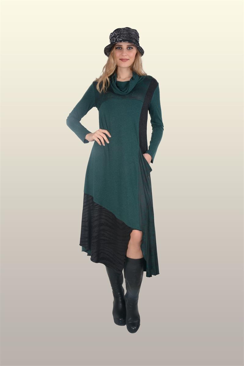 Otantik Giyim-712- Asimetrik Degaje Elbise- Yeşil