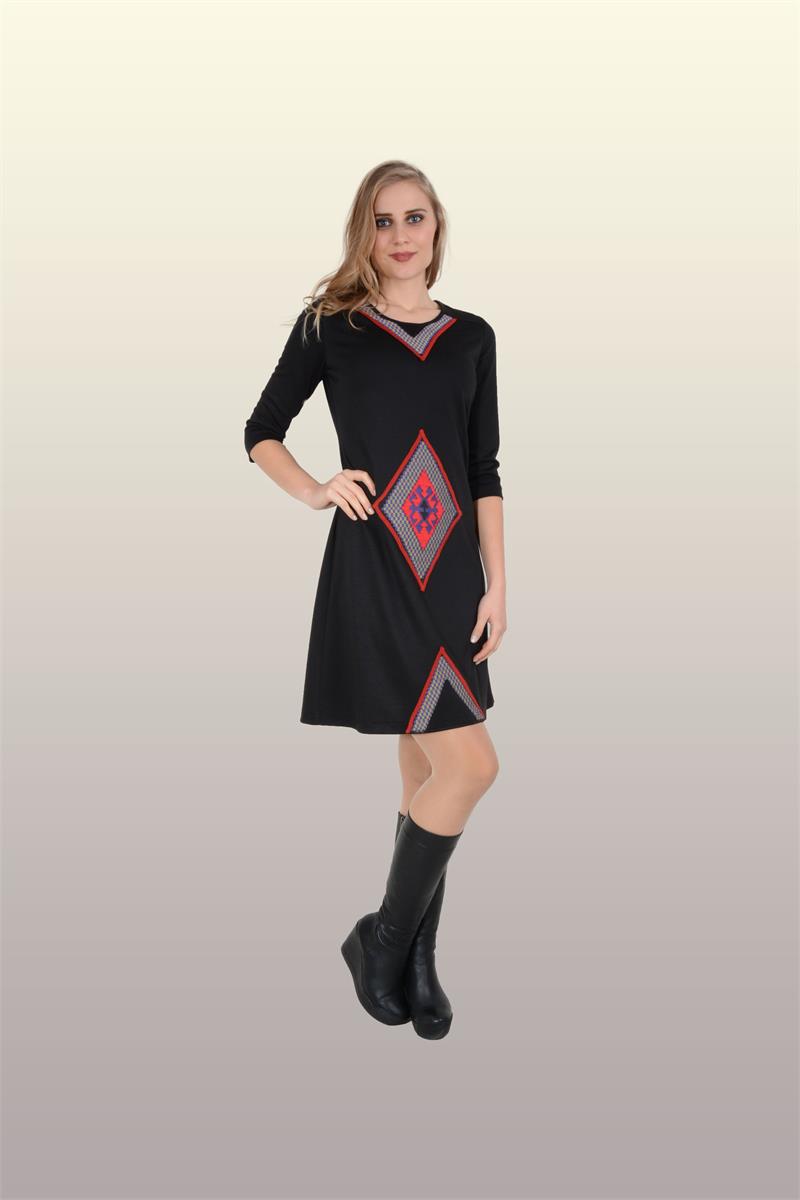 Otantik Giyim-719-Baklava Desenli Etnik Elbise- Siyah