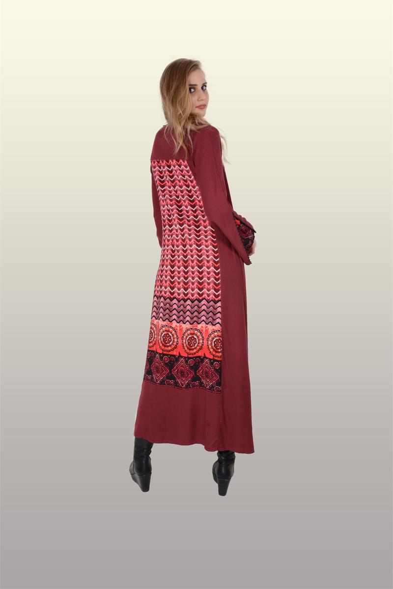 Otantik GİYİM-700-Belmando Hipi Desen Elbise- Bordo
