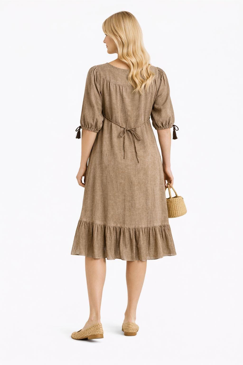 9028 Püsküllü Camel Elbise