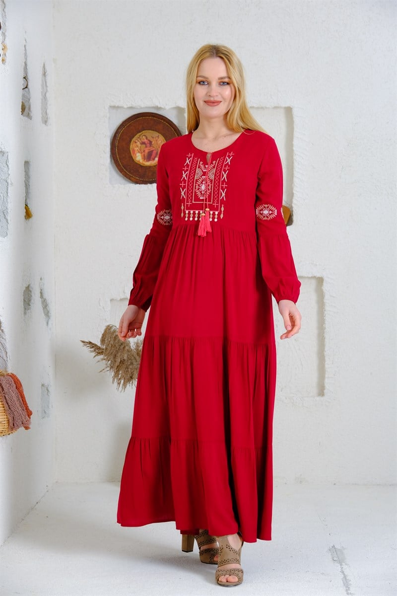 9041 Bordo Uzun Otantik Elbise