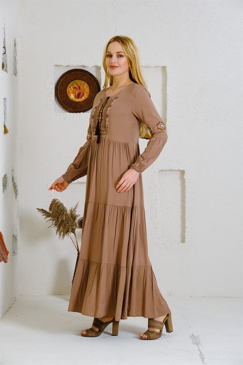 9041 Camel Uzun Otantik Elbise