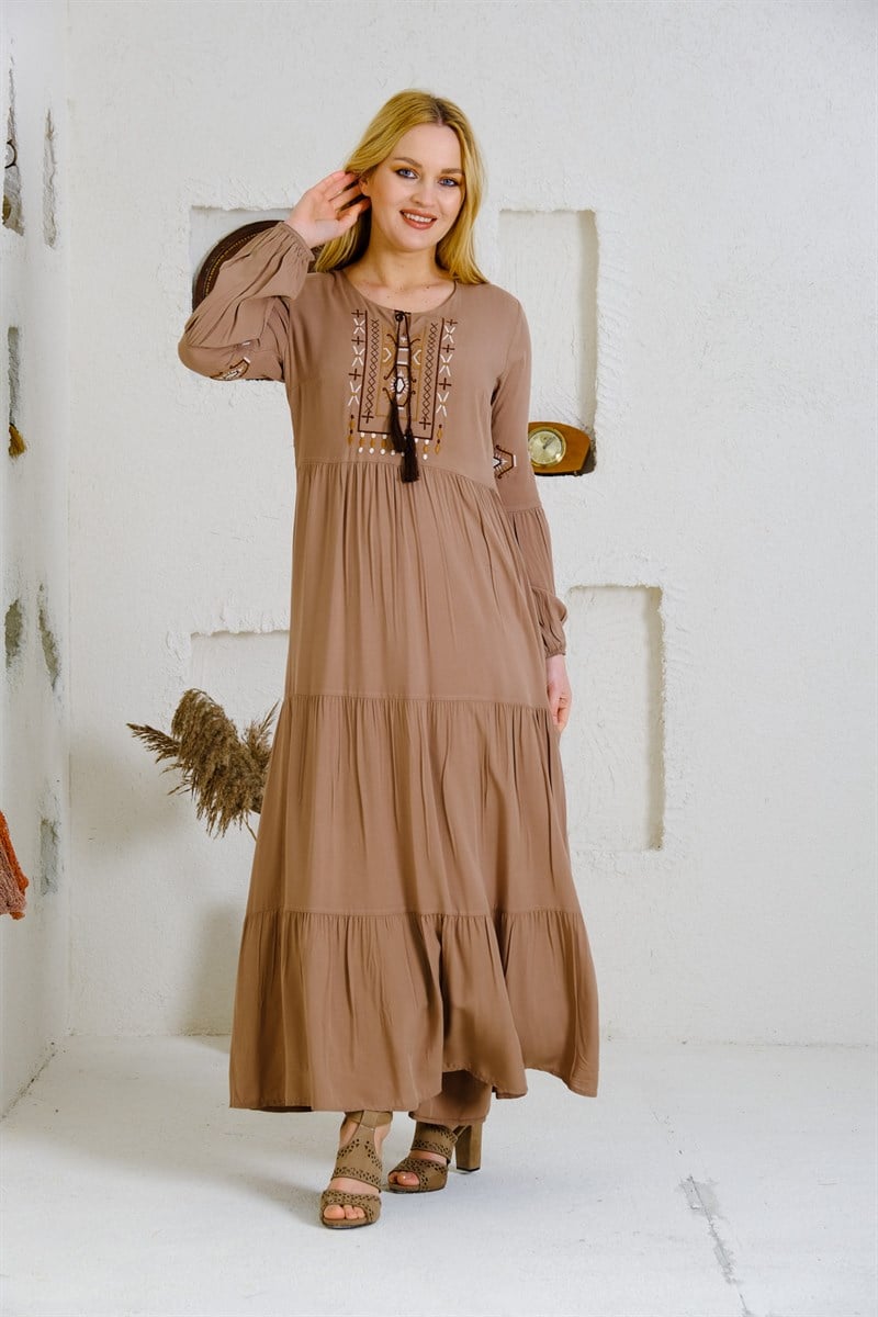 9041 Camel Uzun Otantik Elbise