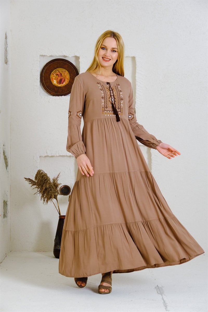 9041 Camel Uzun Otantik Elbise