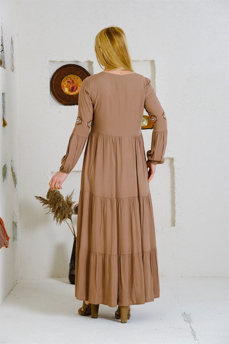 9041 Camel Uzun Otantik Elbise