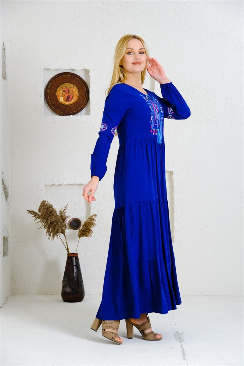 9041 Saks Uzun Otantik Elbise
