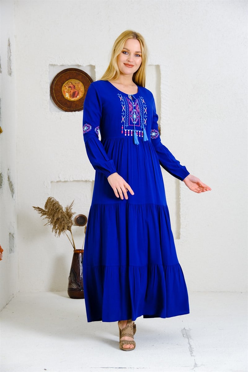 9041 Saks Uzun Otantik Elbise