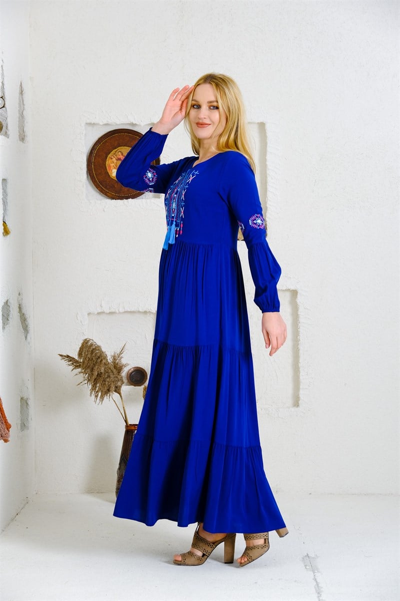 9041 Saks Uzun Otantik Elbise