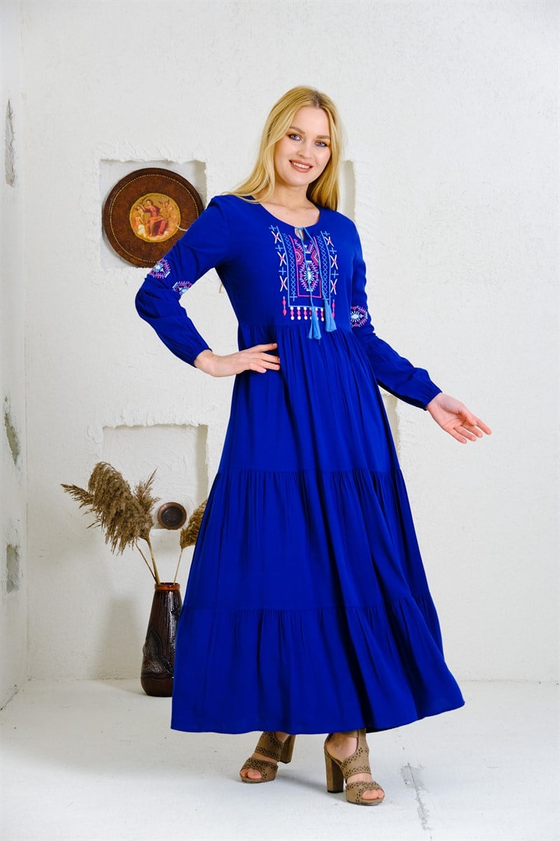 9041 Saks Uzun Otantik Elbise