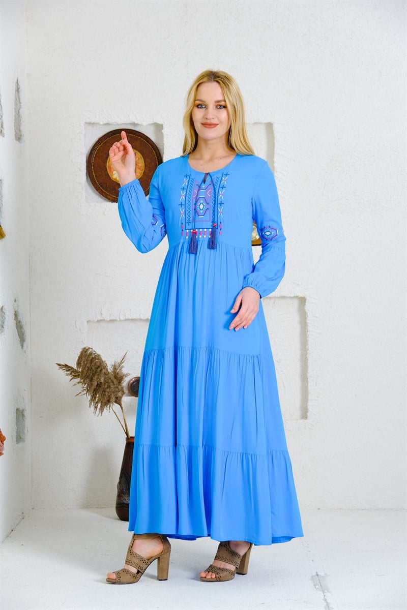 9041 Turkuaz Uzun Otantik Elbise