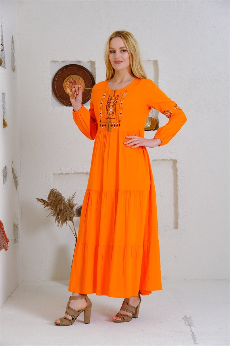 9041 Turuncu Uzun Otantik Elbise