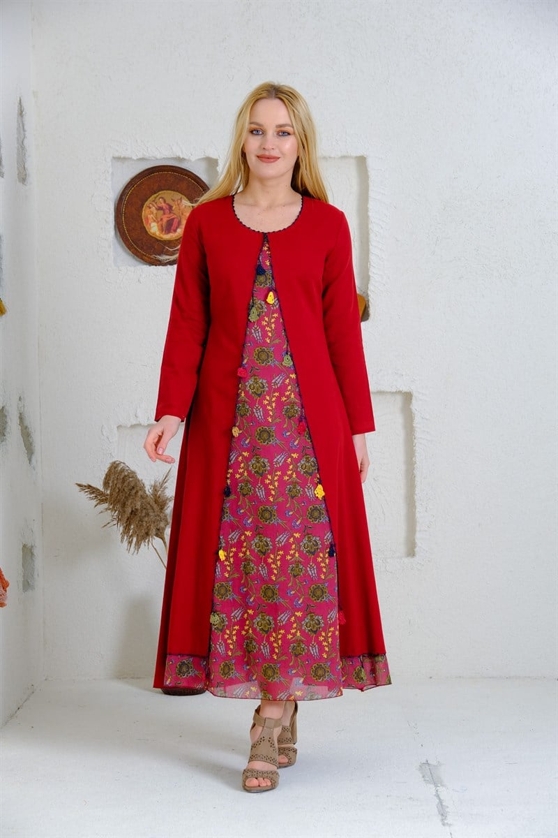 9074 Bordo Uzun Otantik Elbise