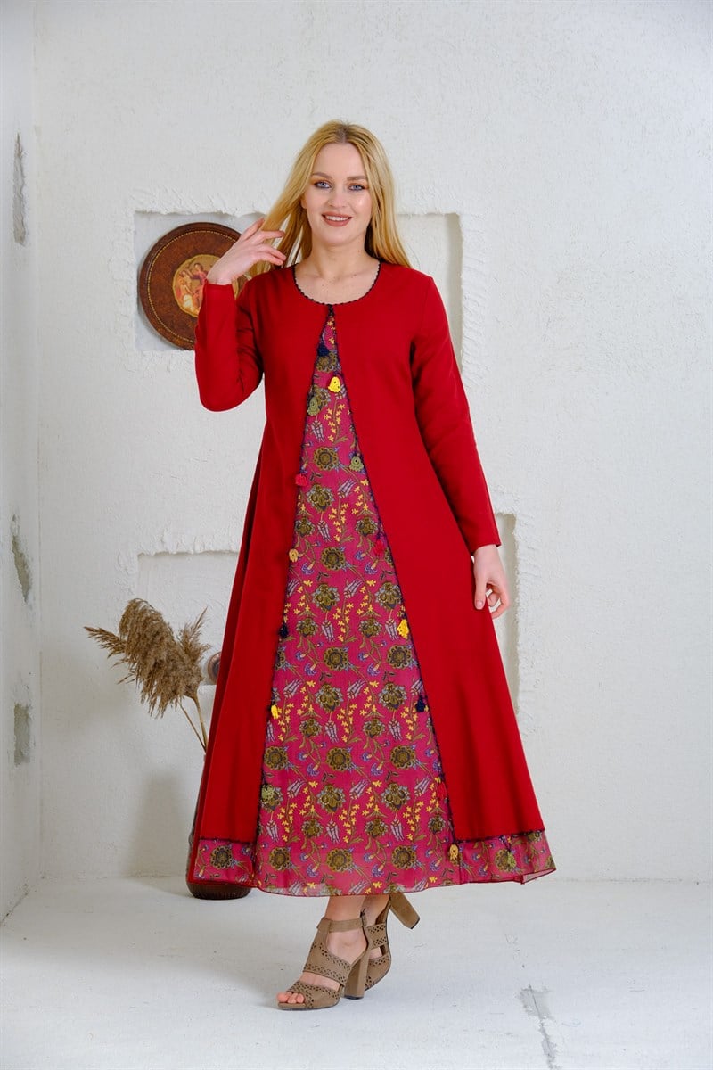 9074 Bordo Uzun Otantik Elbise