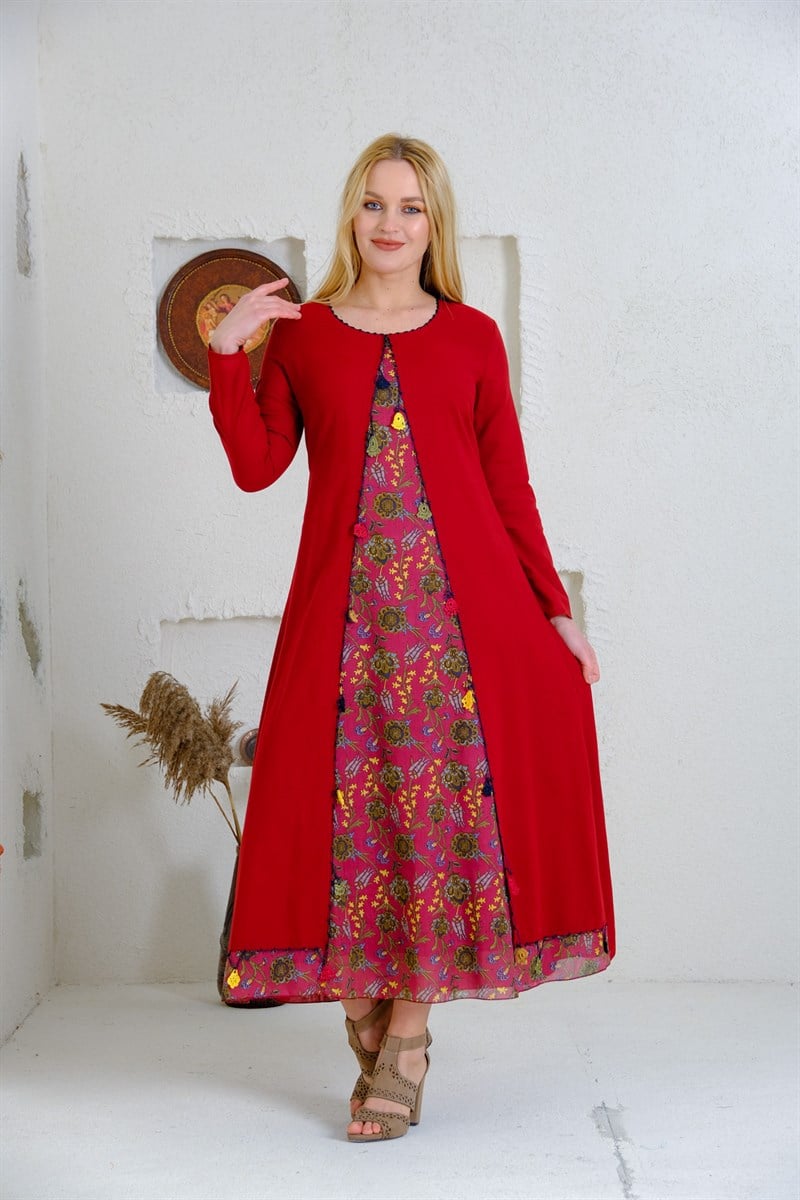 9074 Bordo Uzun Otantik Elbise