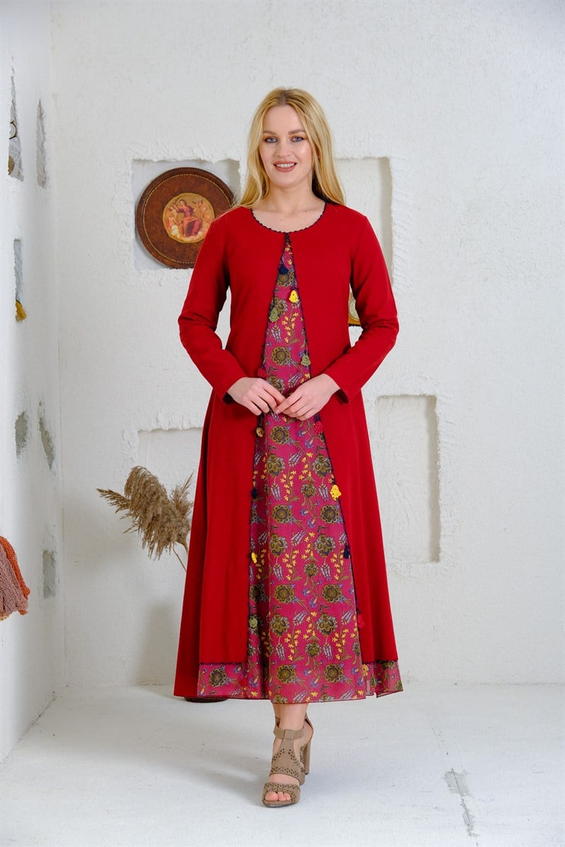 9074 Bordo Uzun Otantik Elbise