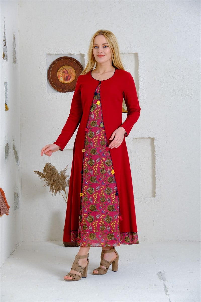 9074 Bordo Uzun Otantik Elbise