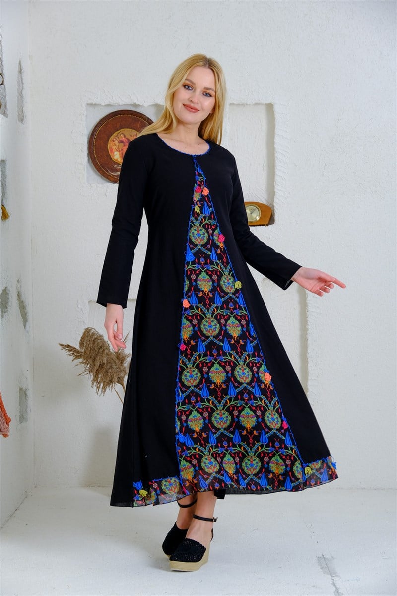 9074 Siyah Uzun Otantik Elbise