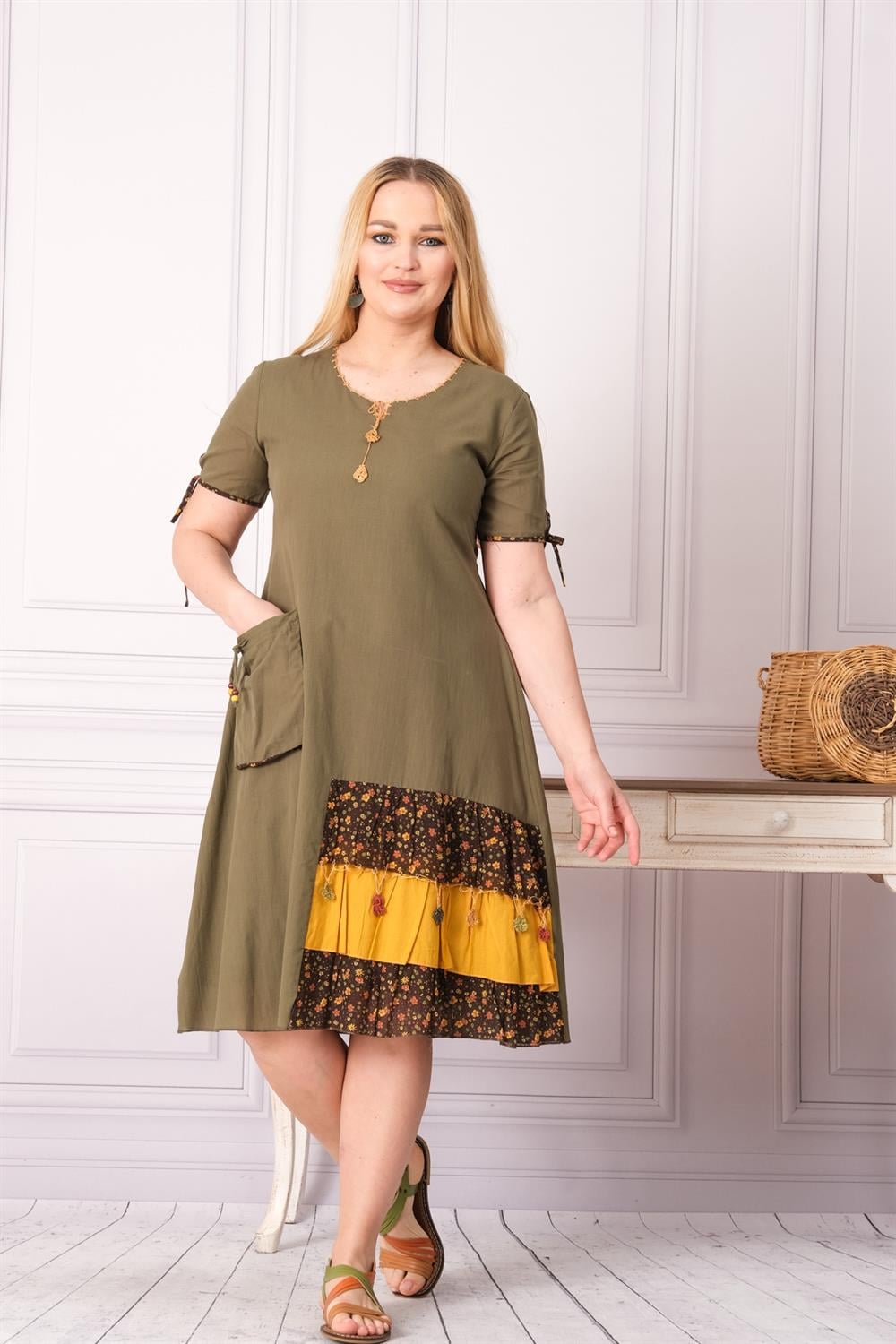 9087 Haki Otantik Elbise