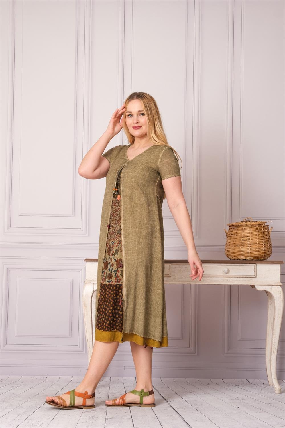 9205 Haki Yıkamalı Elbise