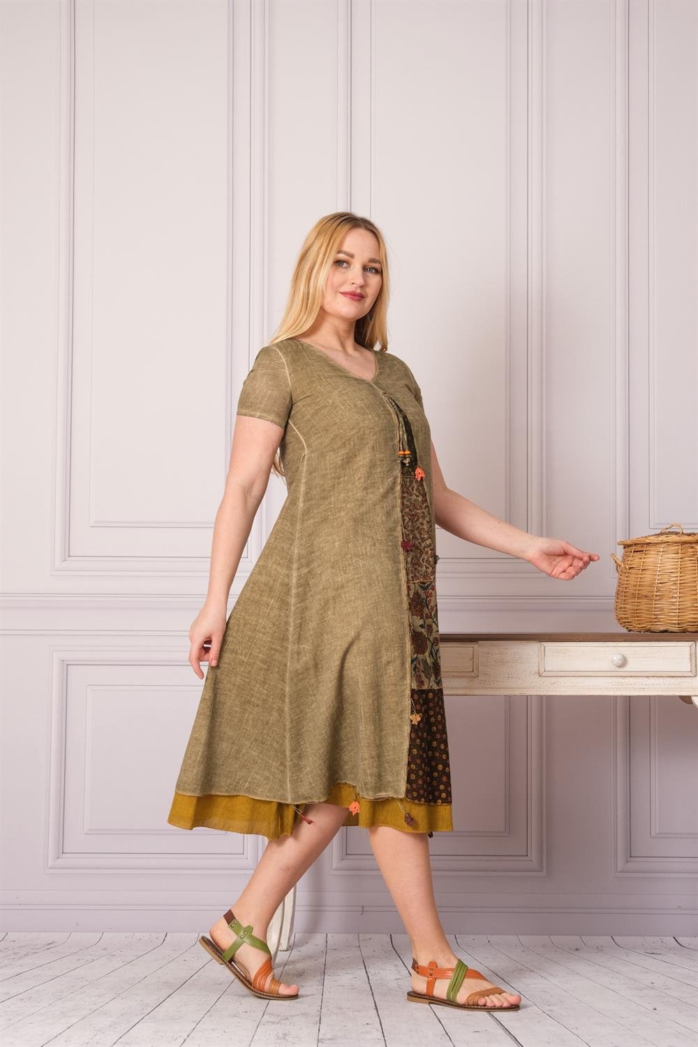 9205 Haki Yıkamalı Elbise