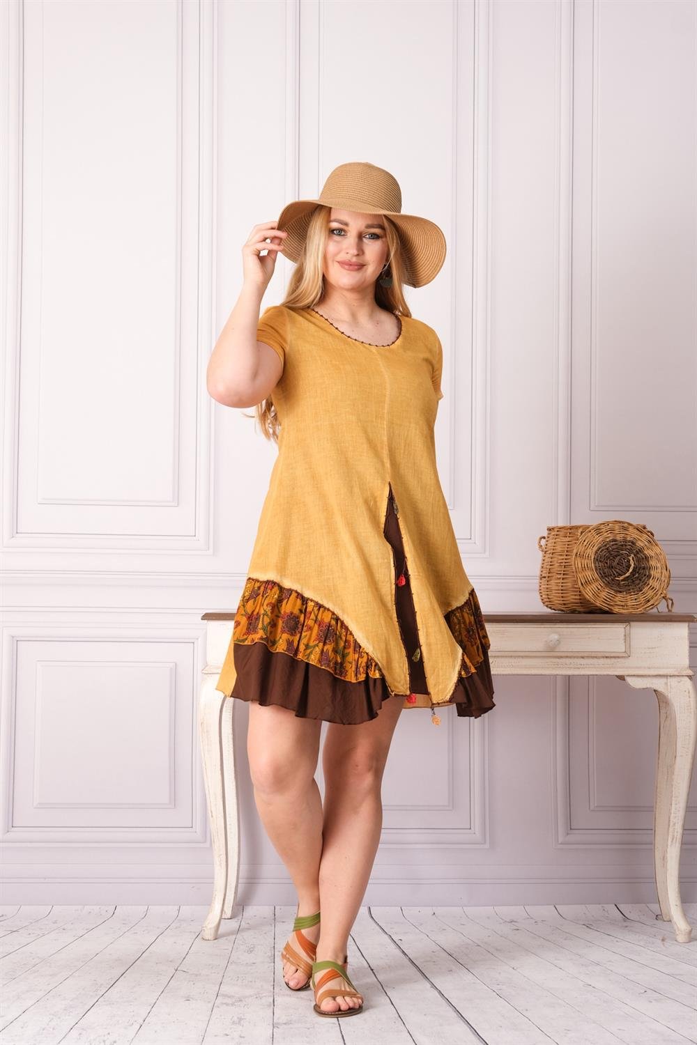 9206 Hardal Yıkamalı Elbise
