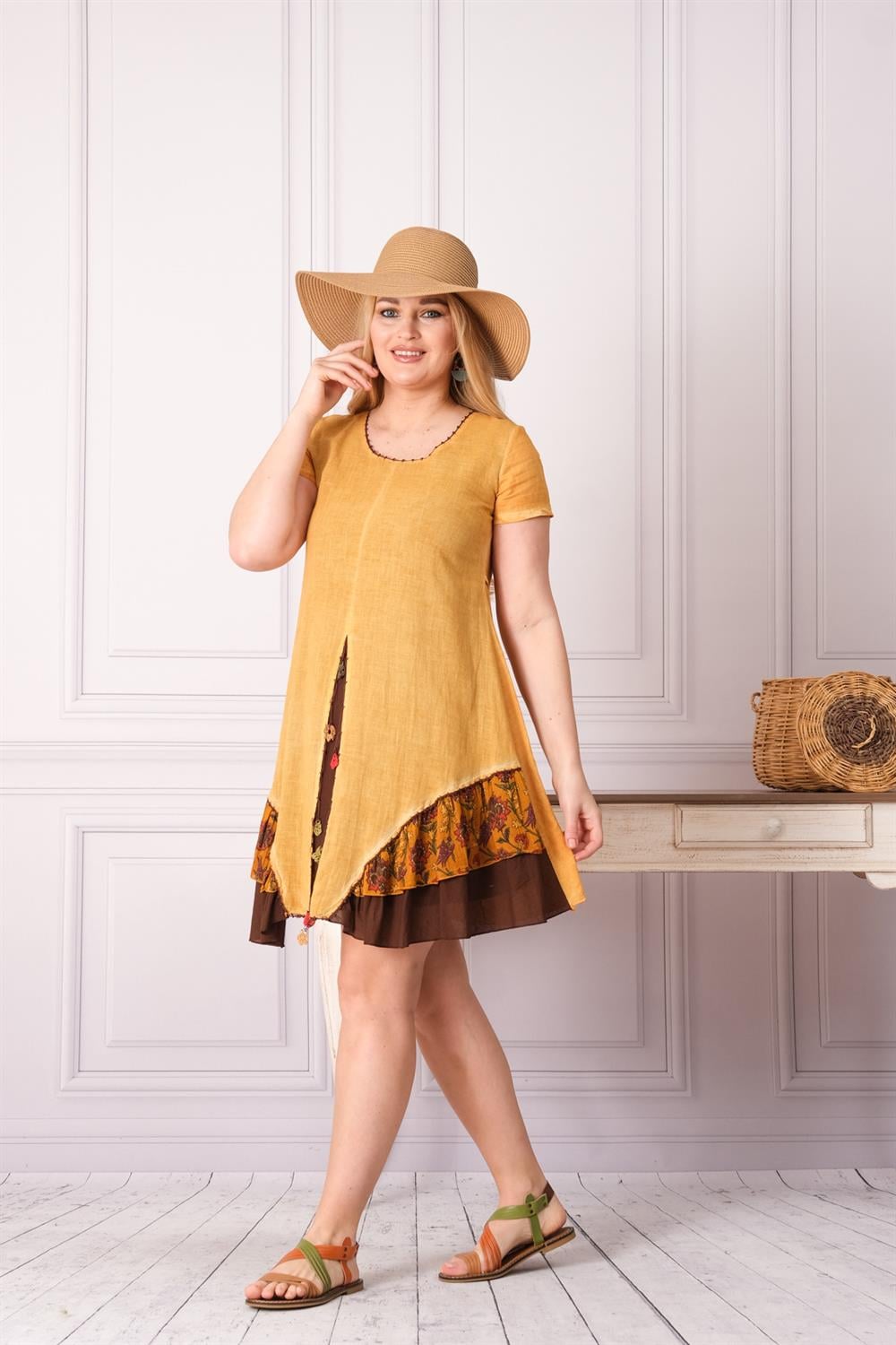 9206 Hardal Yıkamalı Elbise