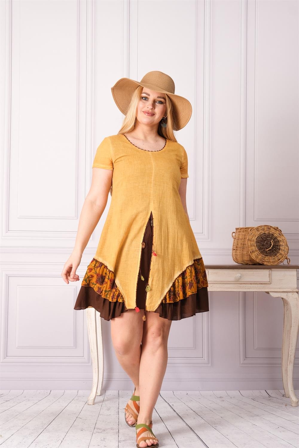 9206 Hardal Yıkamalı Elbise