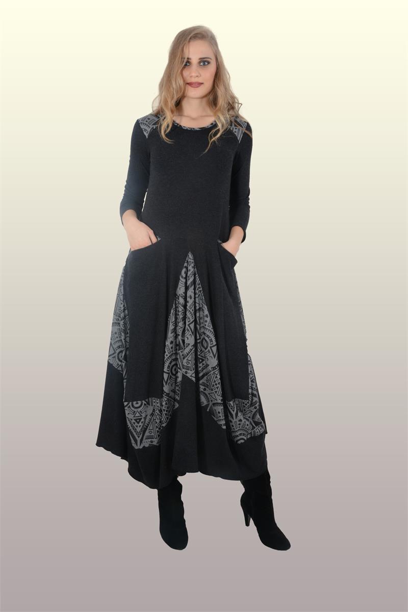 Otantik Giyim-713-Valonlu Elbise-Siyah-gri