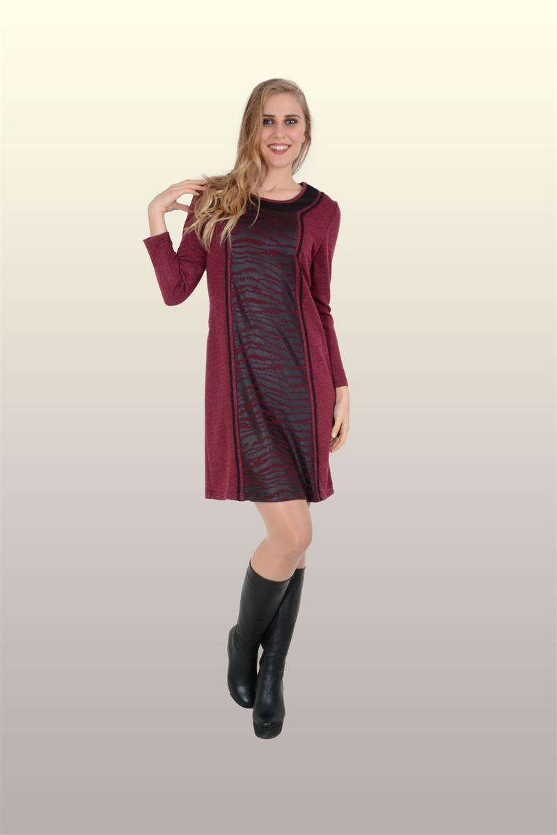 Otantik Giyim-707-Zebra Desenli Elbise-Bordo