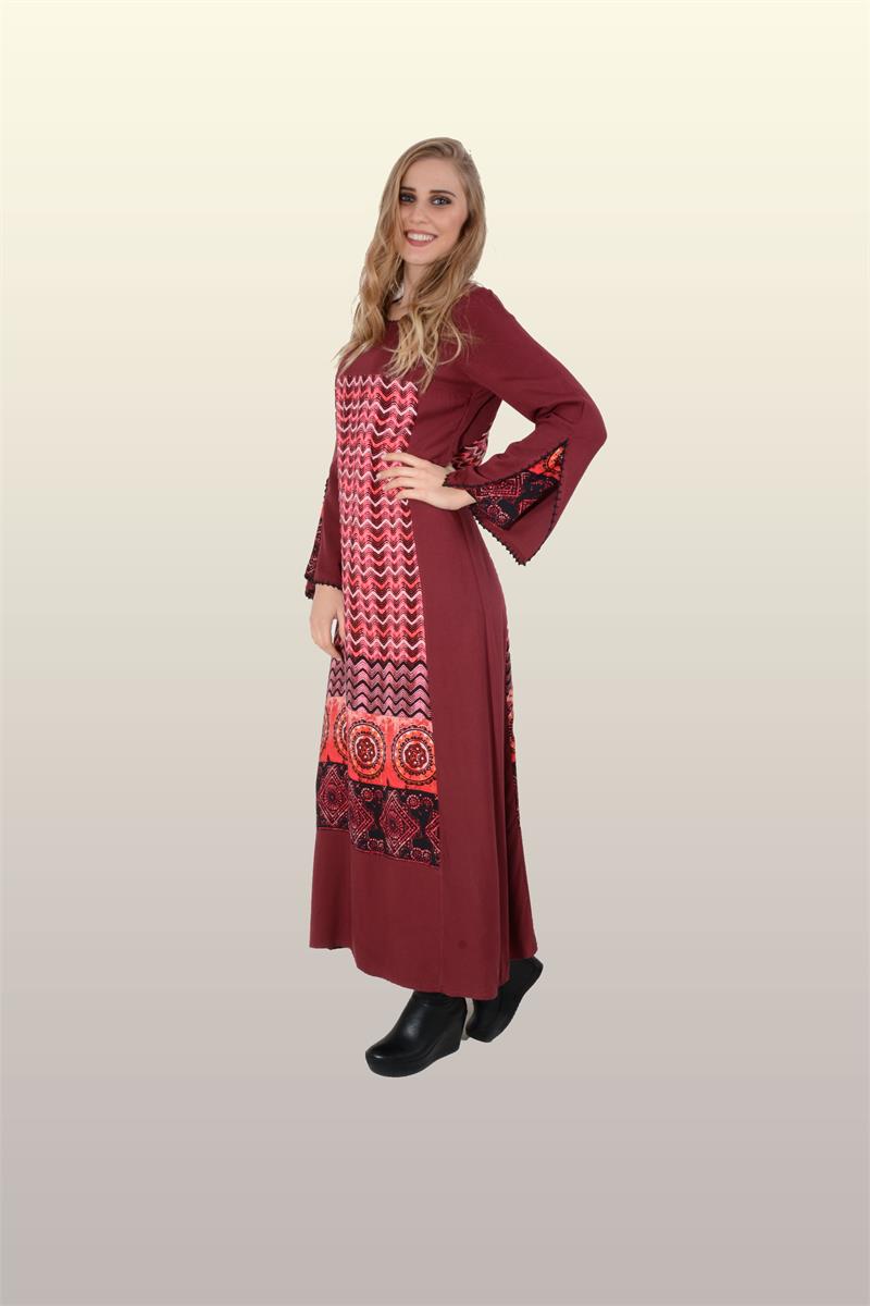 Otantik GİYİM-700-Belmando Hipi Desen Elbise- Bordo