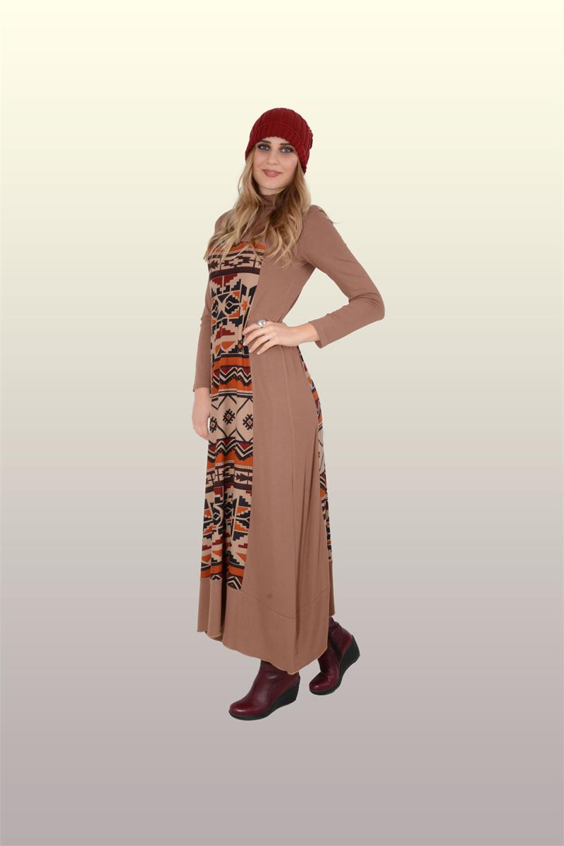 Otantik Giyim-715-Etnik Desenli Elbise-Tarçın