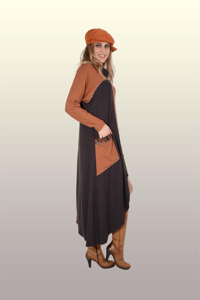 Otantik Giyim-710-Yarasa Degaje Elbise-Kahve-Tarçın