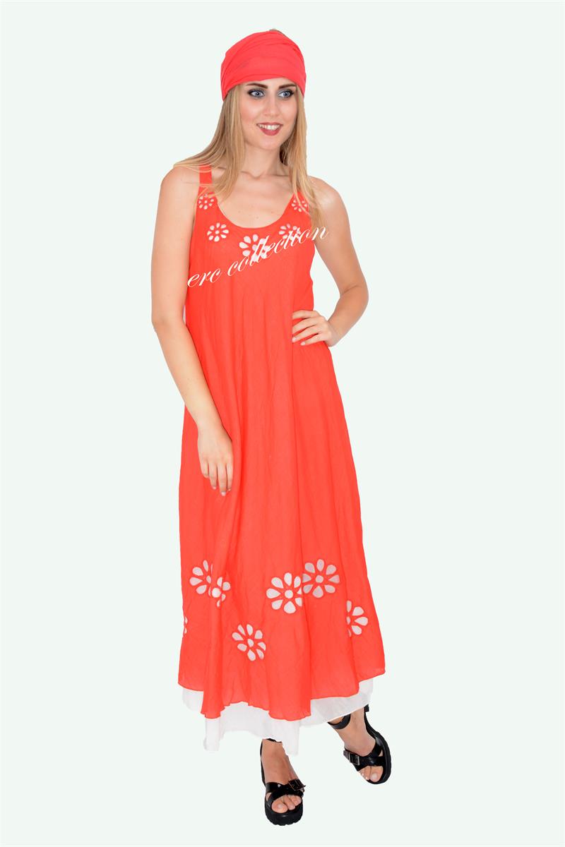 547-OTANTİK PAPATYALI ELBİSE KIRMIZI