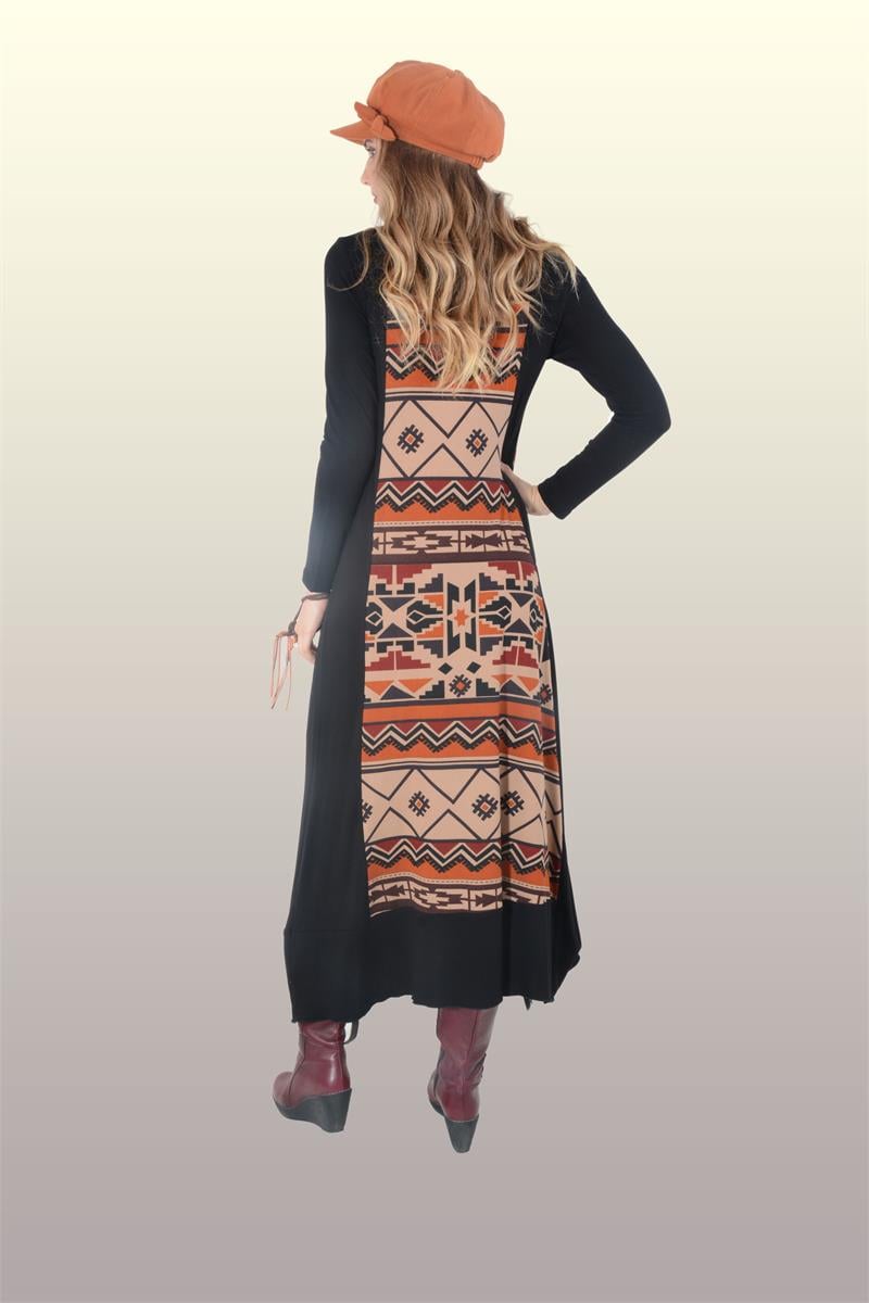 Otantik Giyim-715-Etnik Desenli Elbise-Siyah