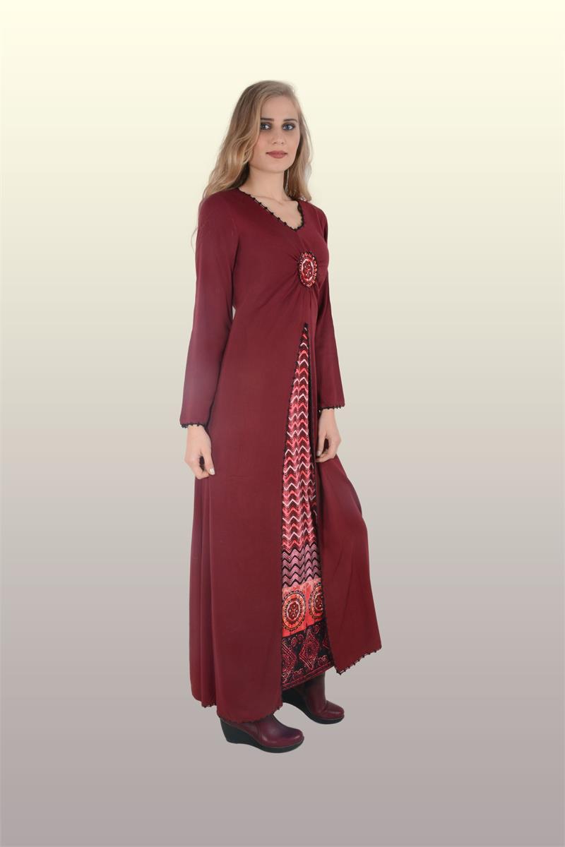 Otantik Giyim-Büzgülü Desenli Elbise-703-Bordo