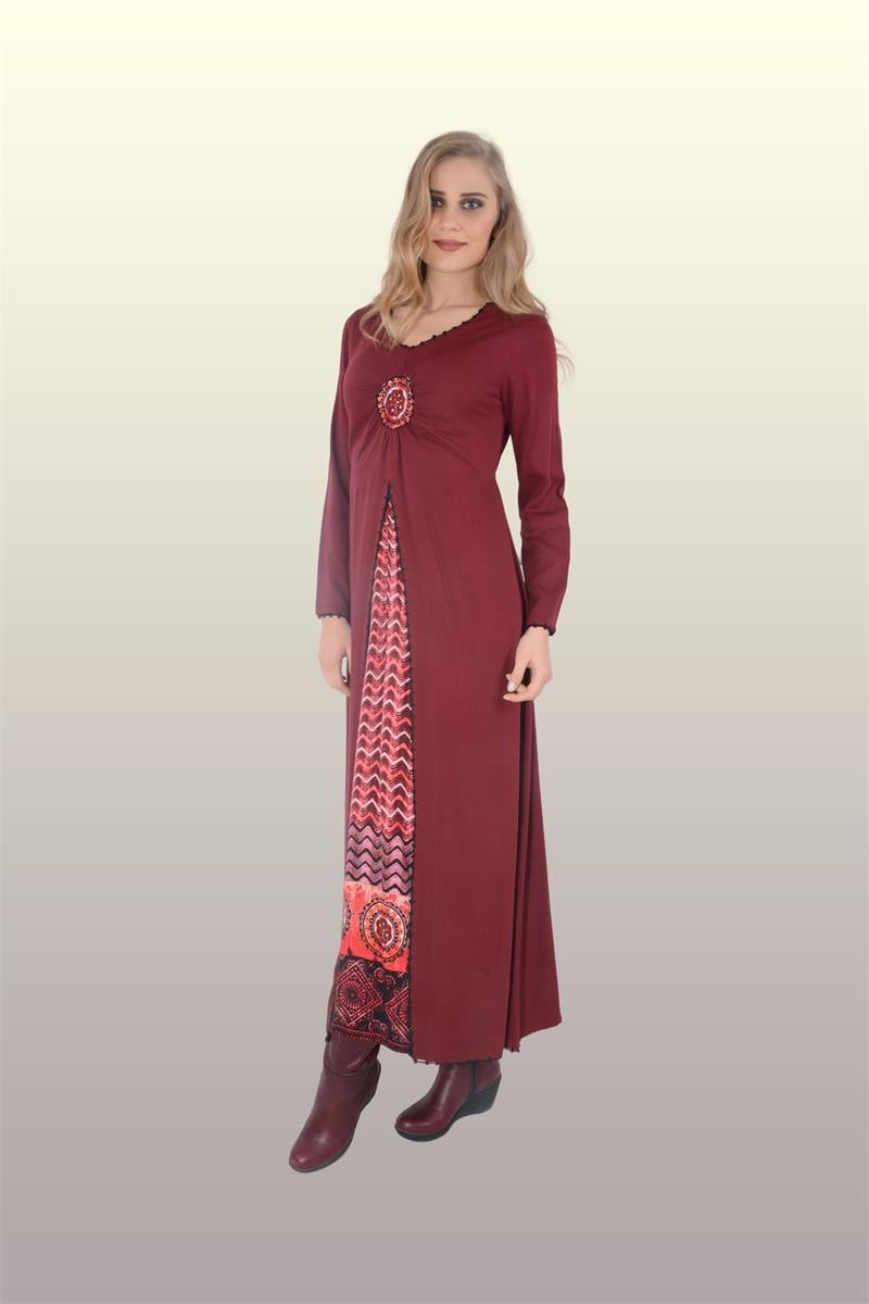 Otantik Giyim-Büzgülü Desenli Elbise-703-Bordo