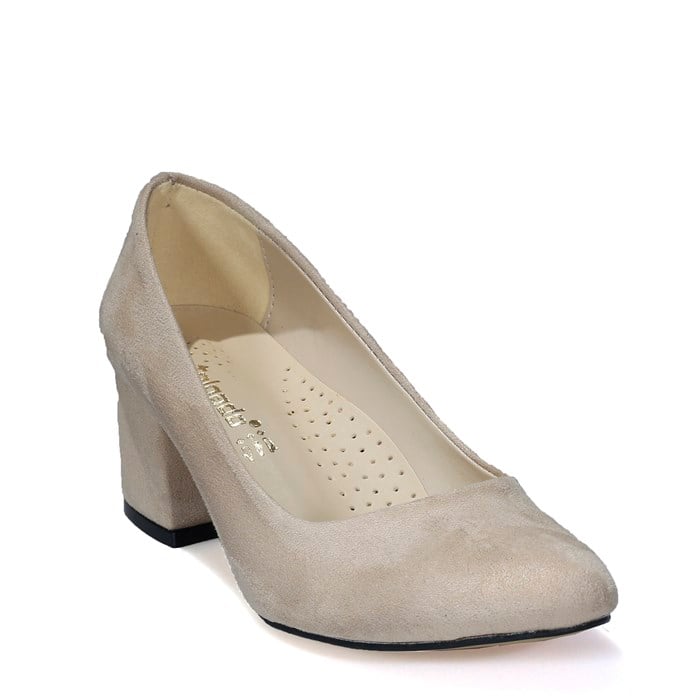Bej Süet Topuklu Klasik Kadın Ayakkabı