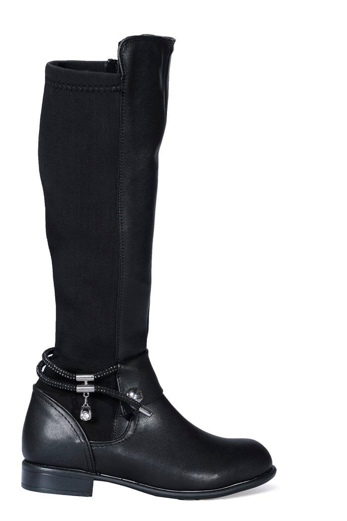 Kadın Klasik Topuk İp Detaylı Siyah Çizme