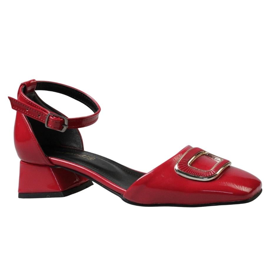 Kırmızı Rugan Kalın Kısa Topuk Kadın Ayakkabı