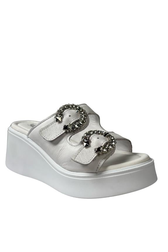 Rouge Taş Tokalı Yüksek Taban Deri Beyaz Kadın Terlik