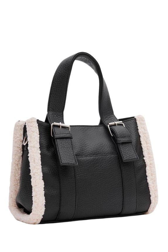 Siyah Damarlı Deri Kenarı Kürklü Kadın Çanta