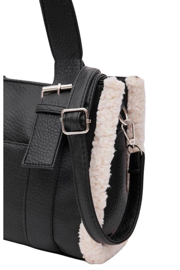 Siyah Damarlı Deri Kenarı Kürklü Kadın Çanta