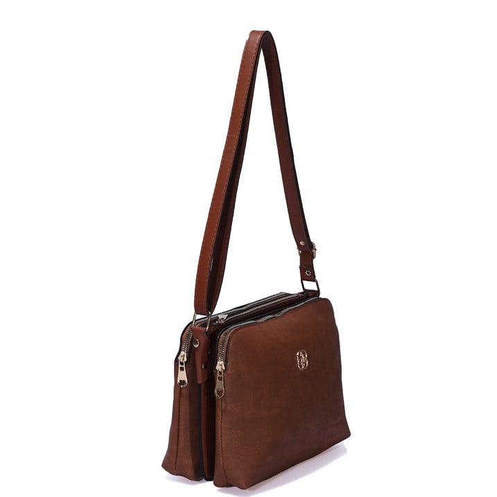 Üç Gözlü Fermuarlı Gri Kadın Çapraz Çanta