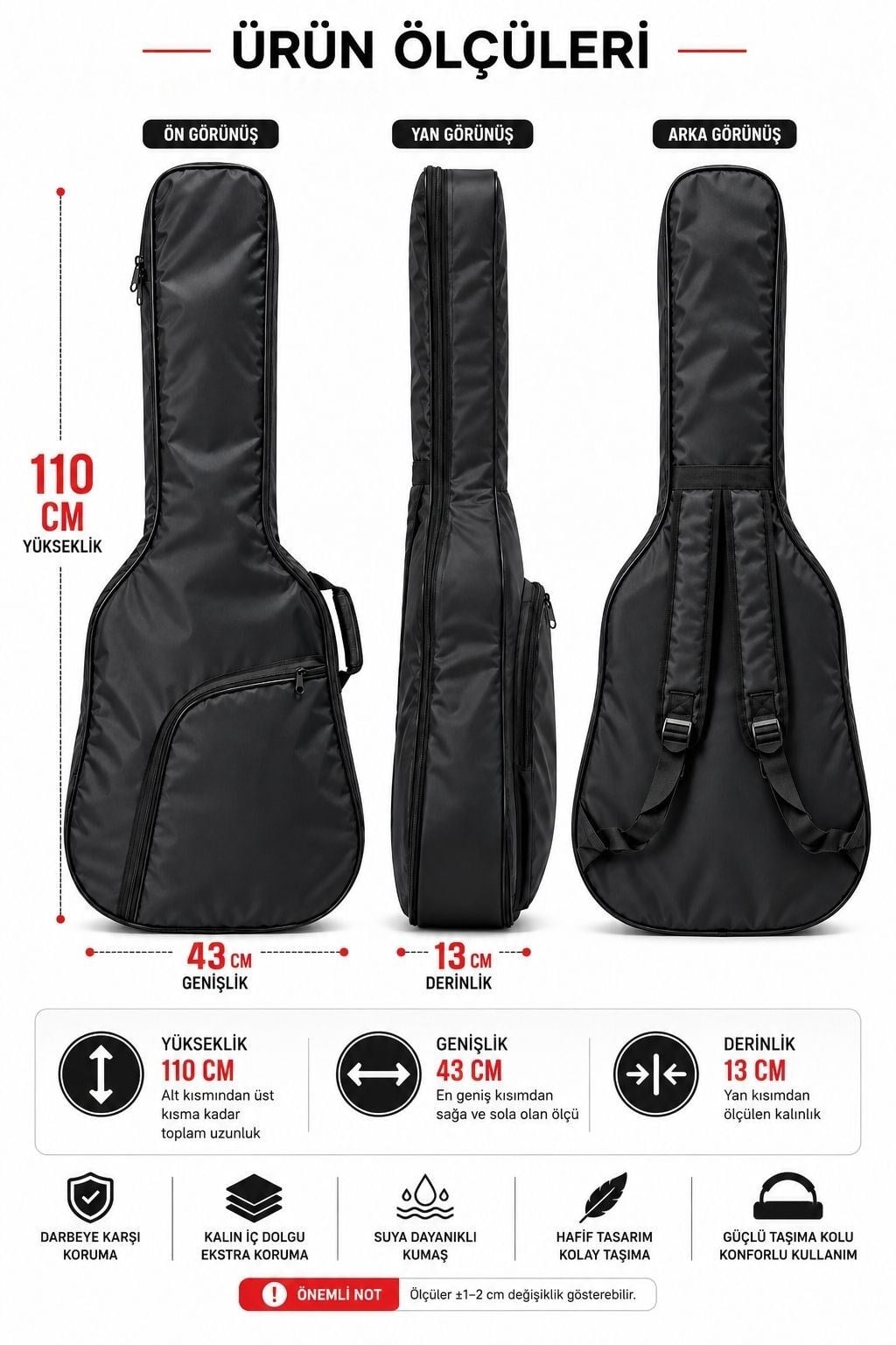 AGC-42BK Siyah Akustik Gitar Kılıfı Kalın Pedli Suya Dayanıklı Gitar Çantası Softcase