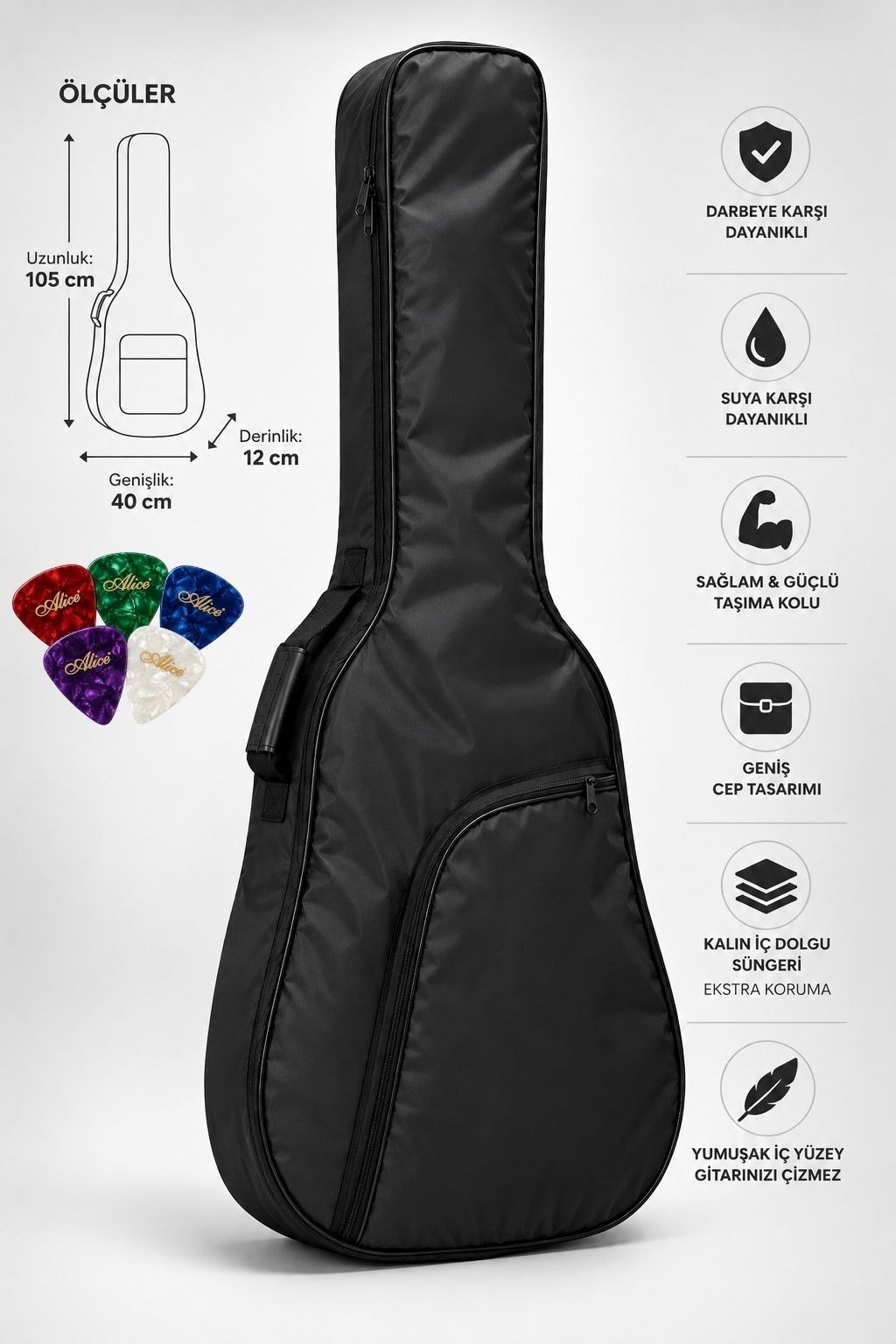 KGC-40BK Siyah Klasik Gitar Softcase Kalın Pedli Suya Dayanıklı Gitar Kılıfı