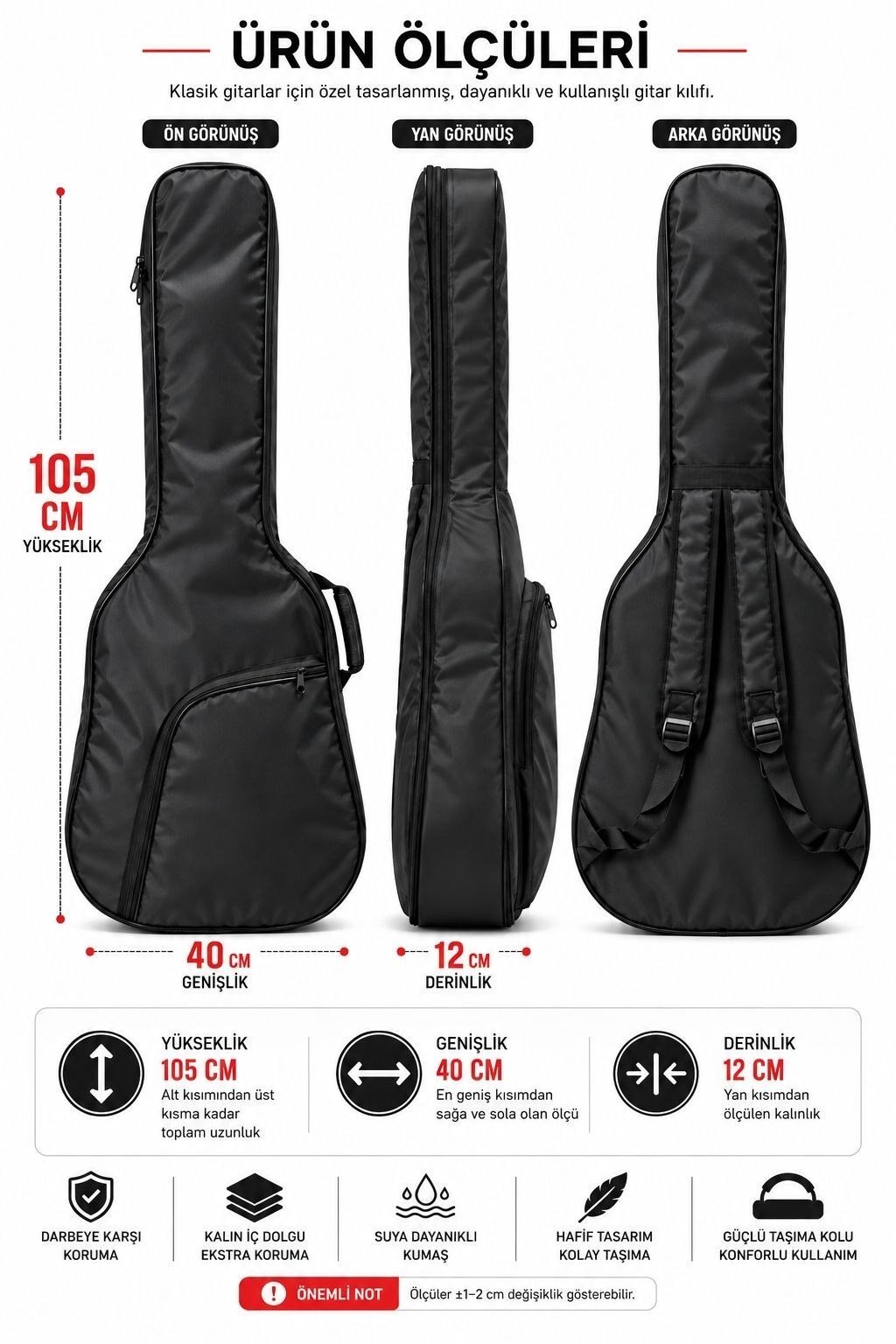 KGC-40BK Siyah Klasik Gitar Softcase Kalın Pedli Suya Dayanıklı Gitar Kılıfı